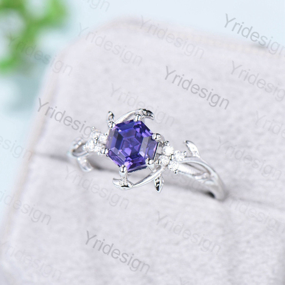 Hexagon Cut Lab Purple Sapphire Ring - Nature Inspired Leaf Vine Band