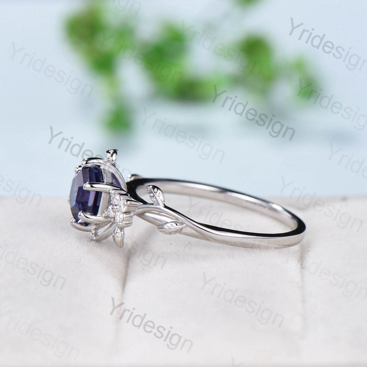 Hexagon Cut Lab Purple Sapphire Ring - Nature Inspired Leaf Vine Band