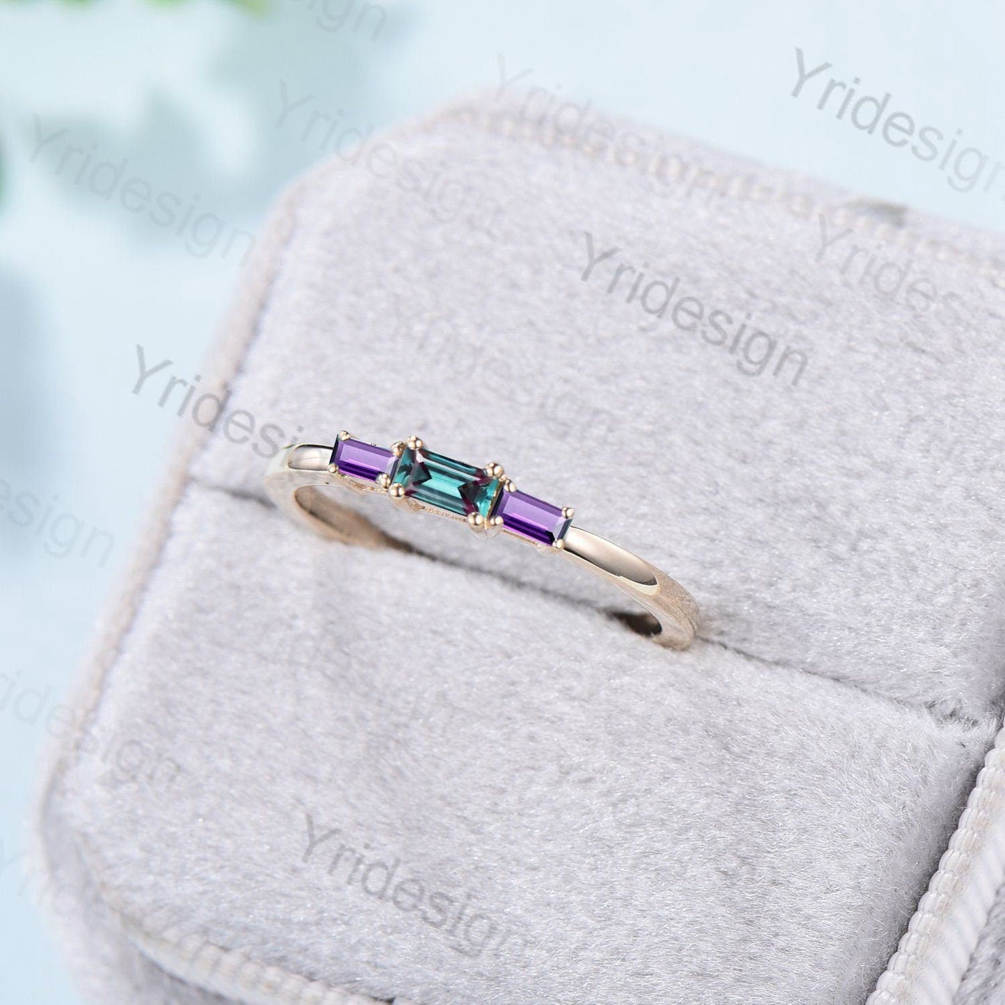 Baguette Alexandrite Amethyst Ring, Three Stone Stacking Band