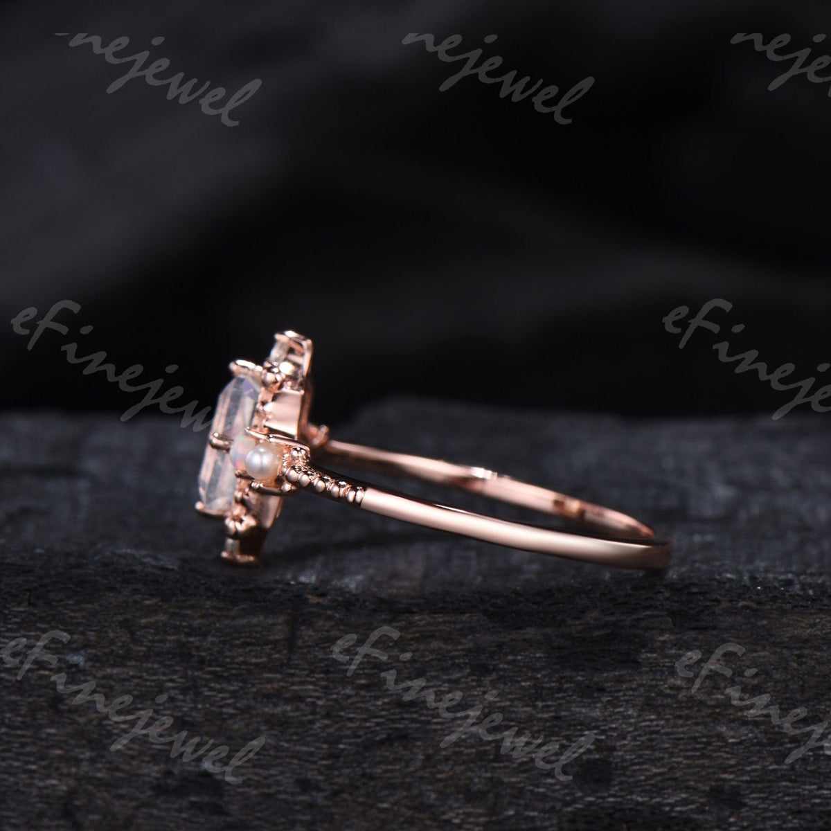 Emerald Cut Moonstone Ring, Opal Pearl, Art Deco Fine Jewelry