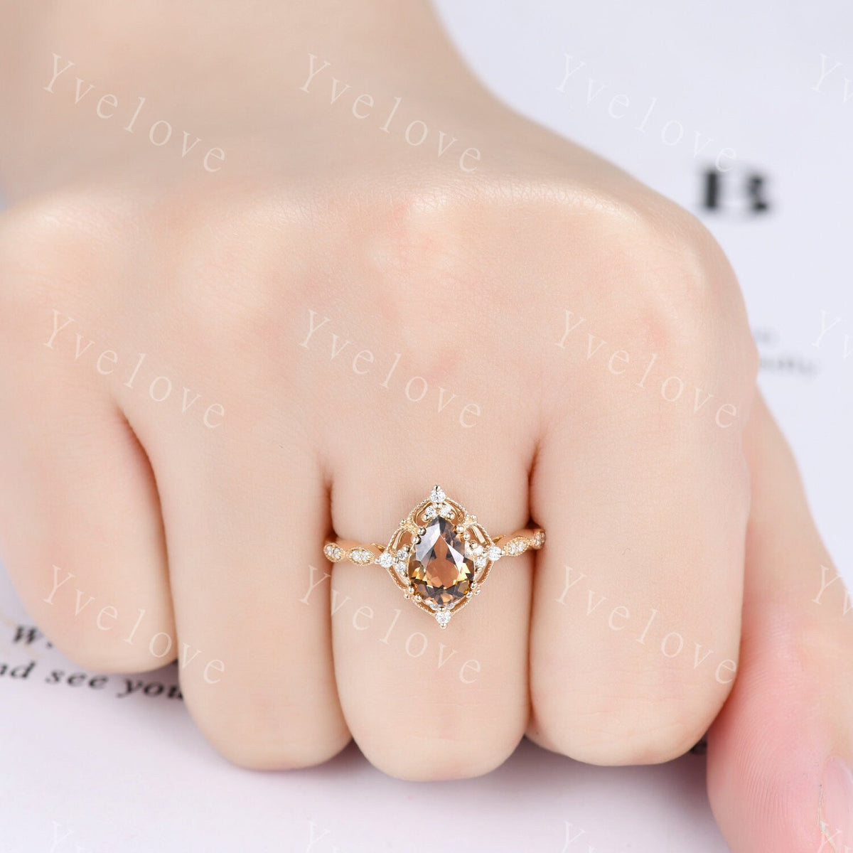 Vintage Smoky Quartz Engagement Ring,Pear Shape Brown Quartz Ring,14K Solid Gold Ring,Unique Women Moissanite Promise Ring For Her,Handmade