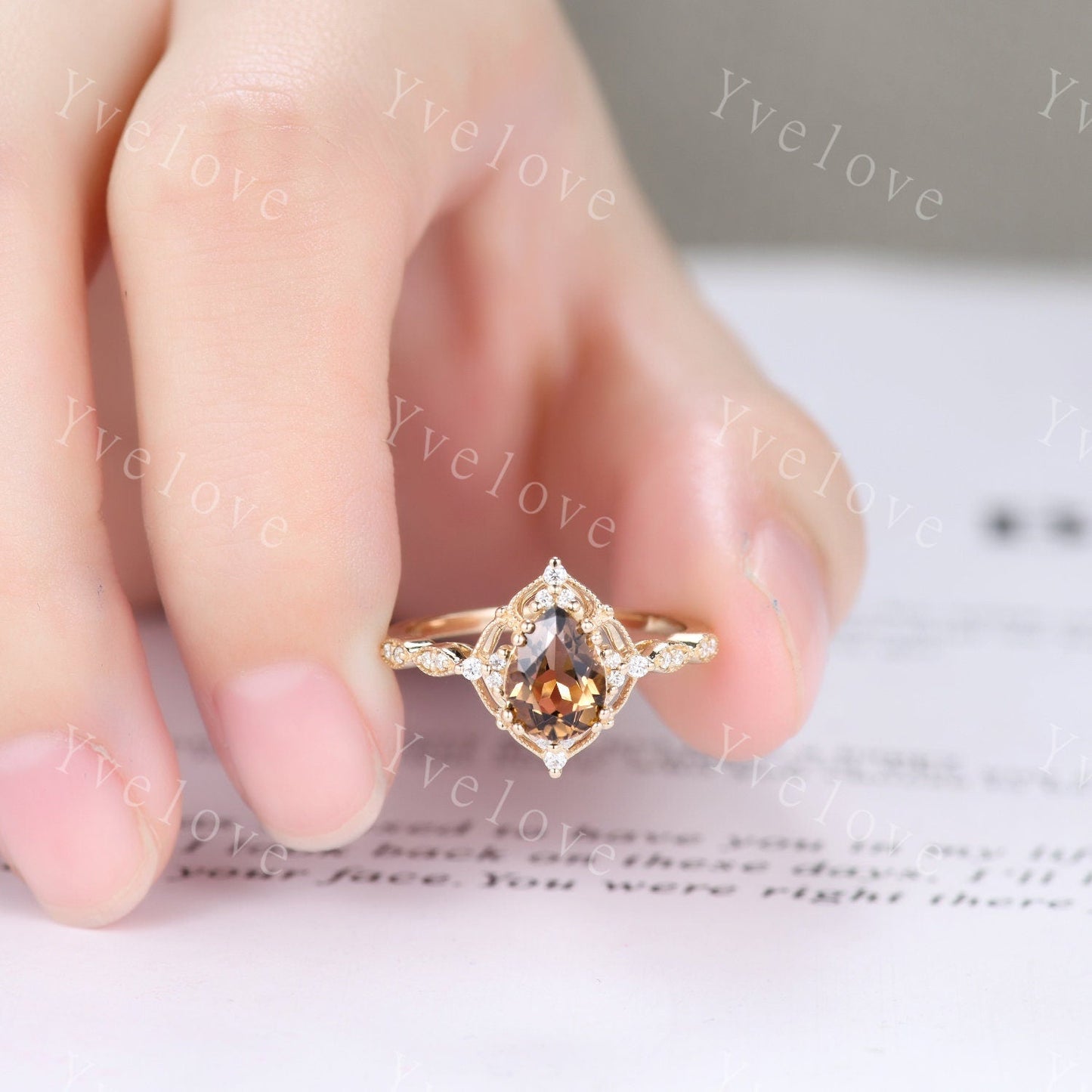 Vintage Smoky Quartz Engagement Ring,Pear Shape Brown Quartz Ring,14K Solid Gold Ring,Unique Women Moissanite Promise Ring For Her,Handmade