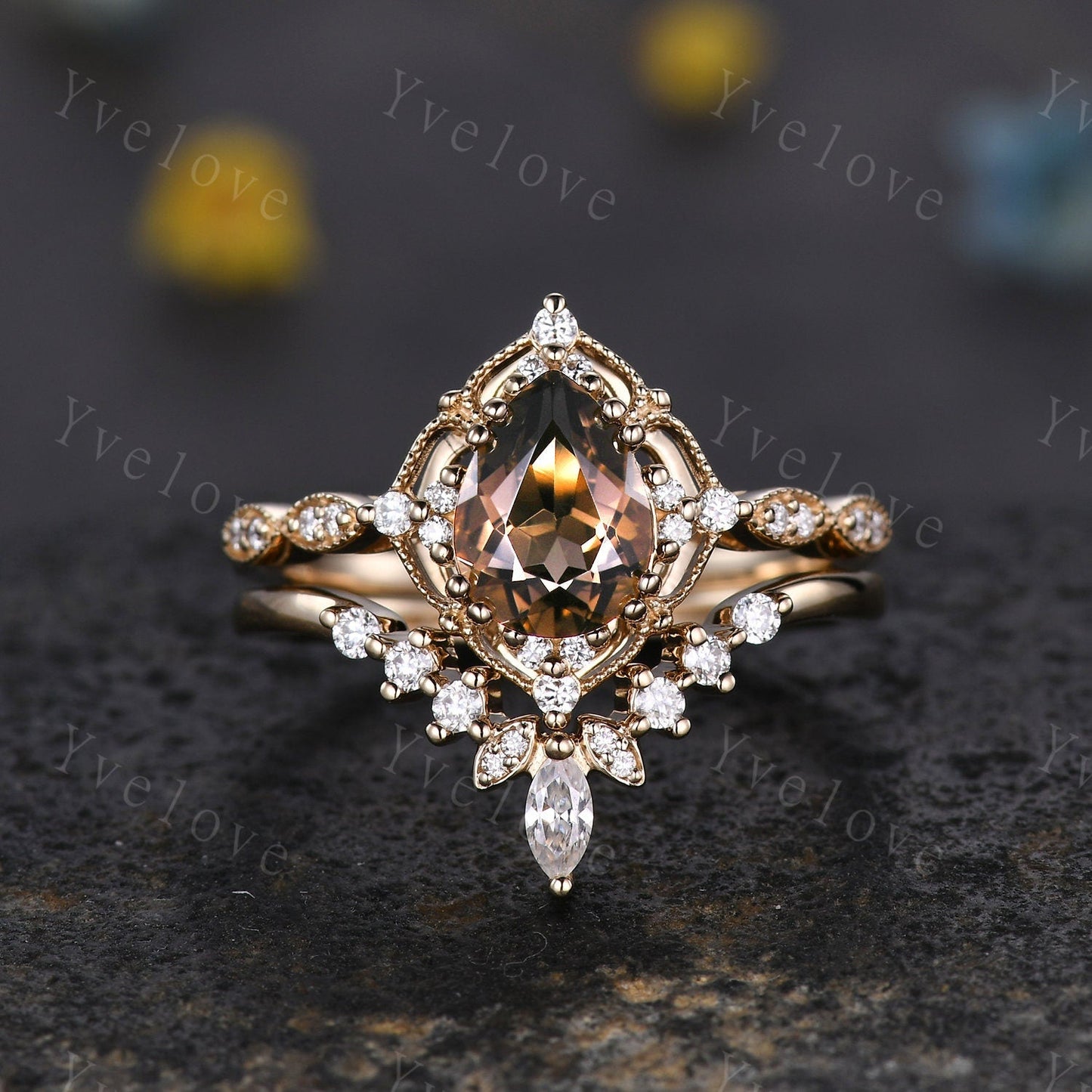 Vintage Smoky Quartz Engagement Ring,Pear Shape Brown Quartz Ring,14K Solid Gold Ring,Unique Women Moissanite Promise Ring For Her,Handmade