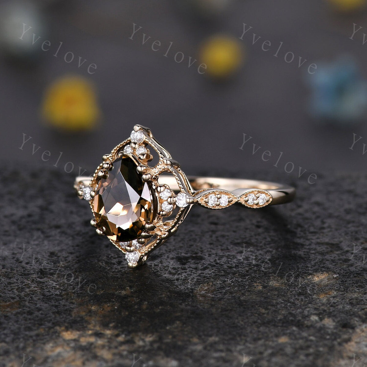 Vintage Smoky Quartz Engagement Ring,Pear Shape Brown Quartz Ring,14K Solid Gold Ring,Unique Women Moissanite Promise Ring For Her,Handmade