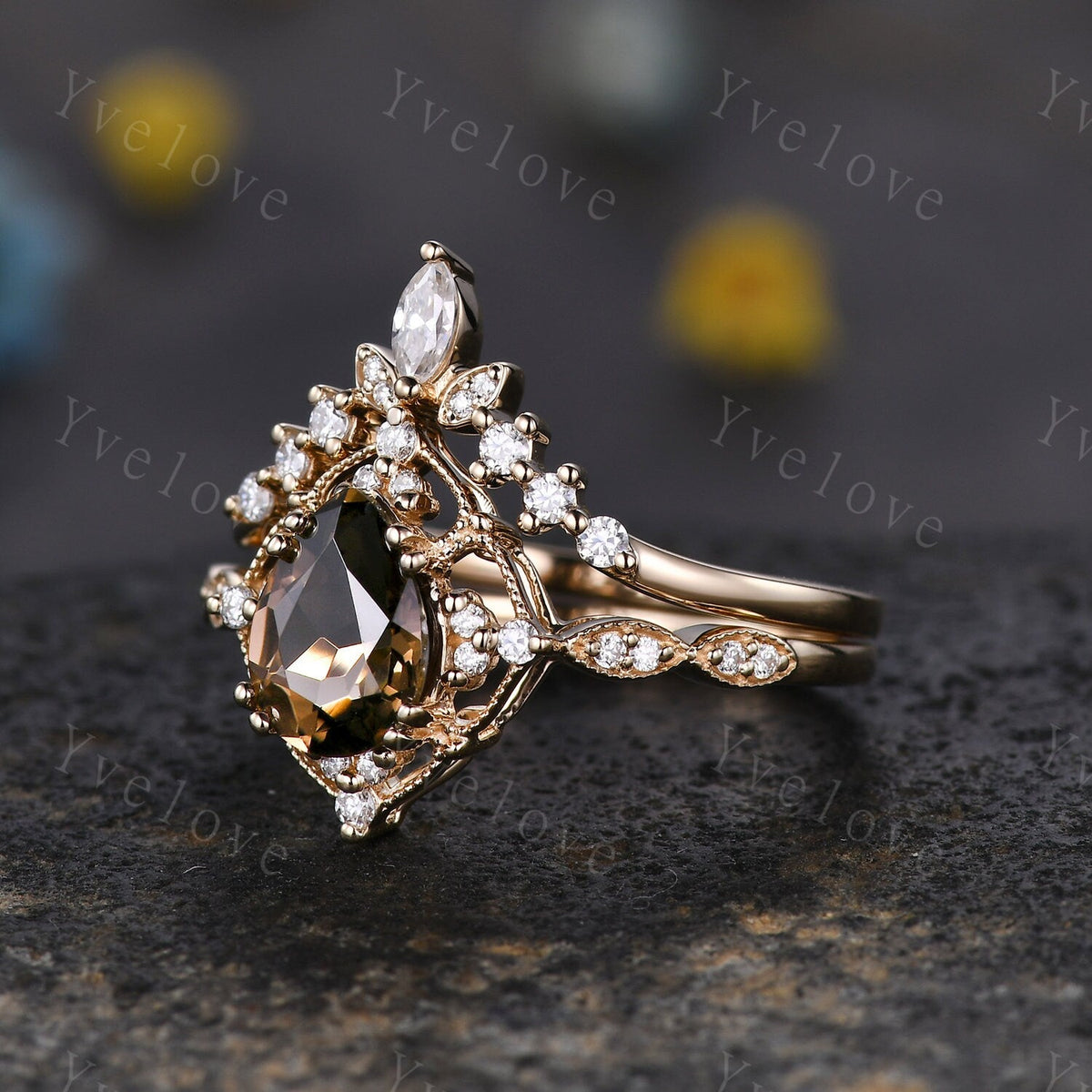 Vintage Smoky Quartz Engagement Ring,Pear Shape Brown Quartz Ring,14K Solid Gold Ring,Unique Women Moissanite Promise Ring For Her,Handmade