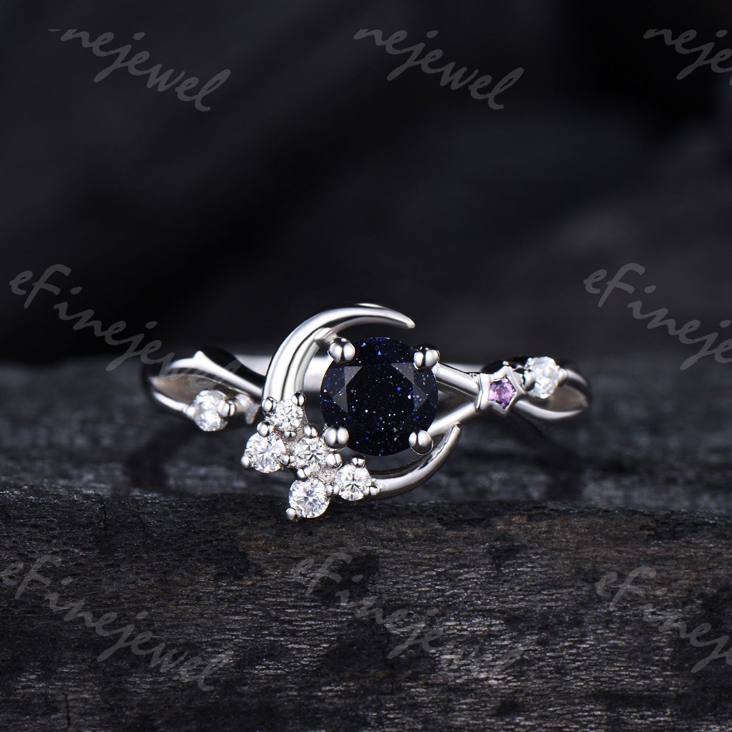 Blue Sandstone Engagement Ring, Moon Star Amethyst Wedding Ring