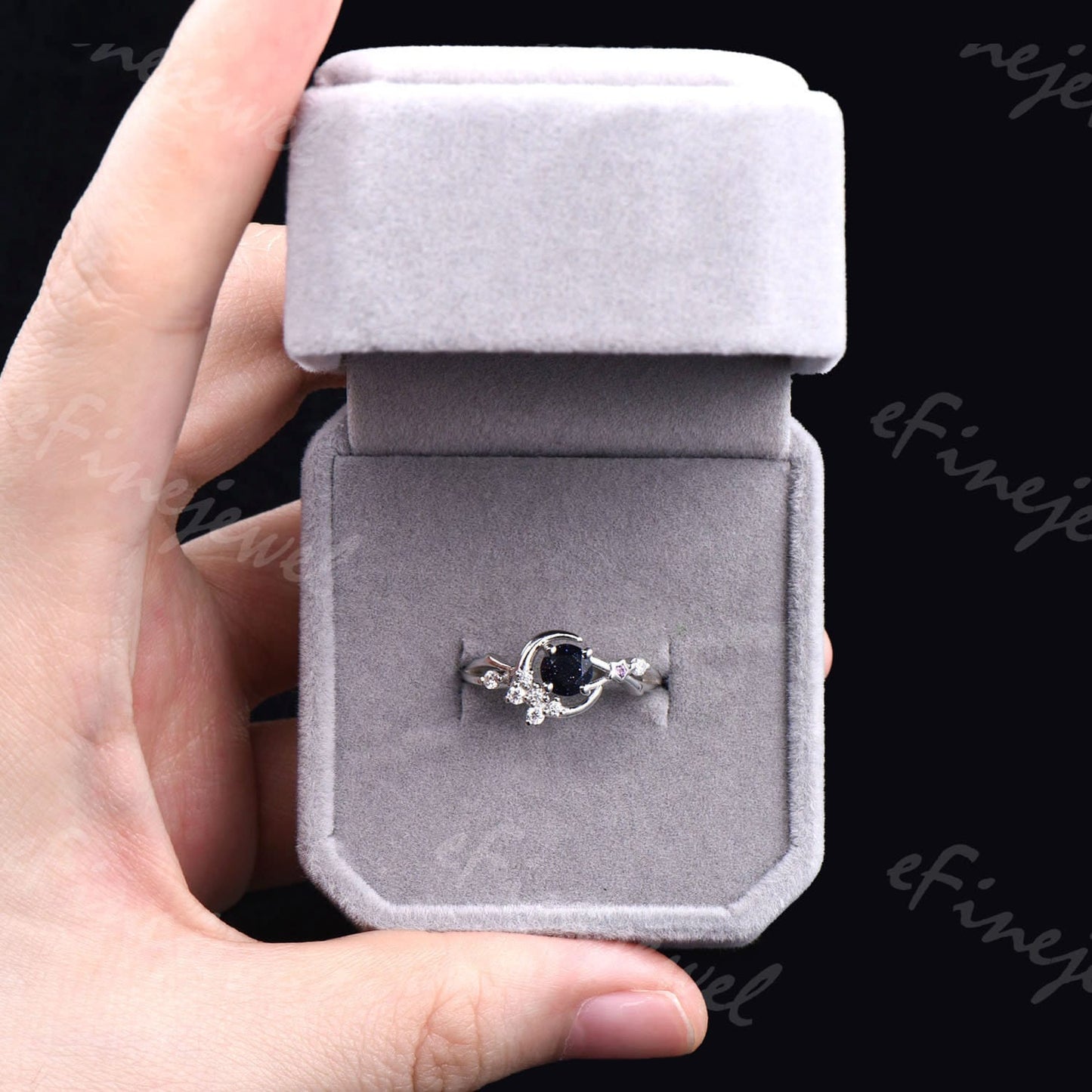 Blue Sandstone Engagement Ring, Moon Star Amethyst Wedding Ring