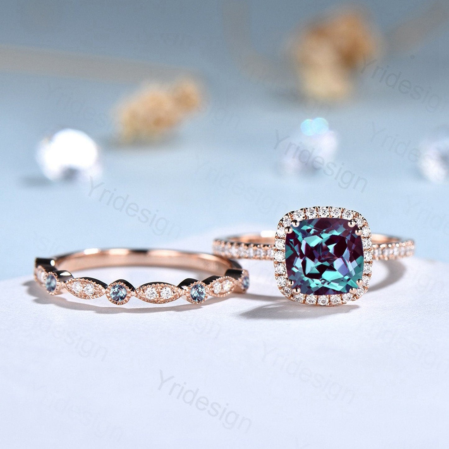 Vintage Cushion alexandrite wedding ring set 14k rose gold vintage alexandrite engagement ring set women Art deco halo diamond bridal set