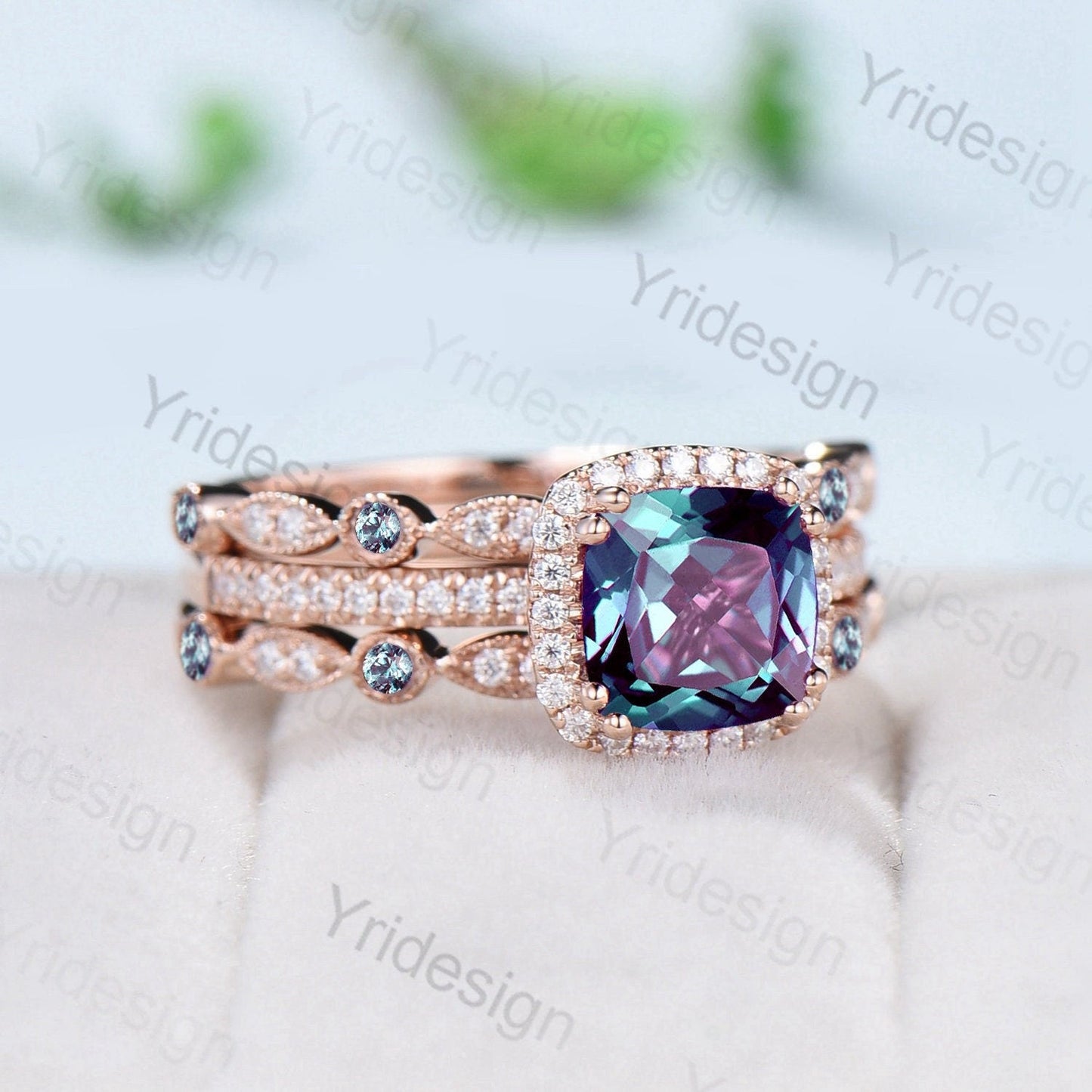 Vintage Cushion alexandrite wedding ring set 14k rose gold vintage alexandrite engagement ring set women Art deco halo diamond bridal set