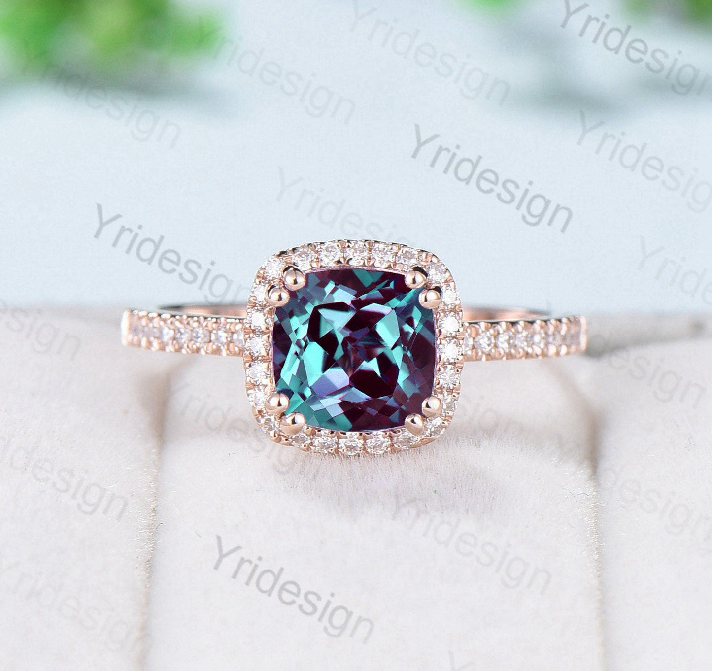 Vintage Cushion alexandrite wedding ring set 14k rose gold vintage alexandrite engagement ring set women Art deco halo diamond bridal set