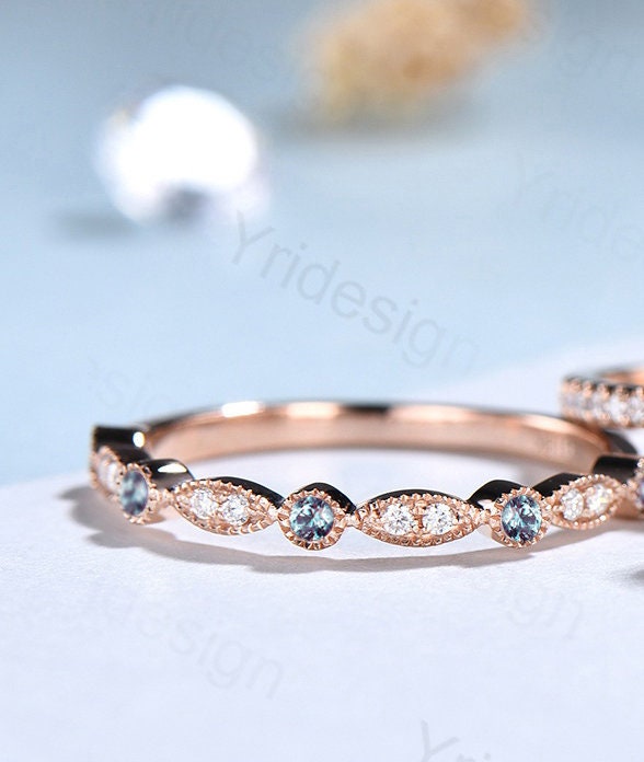 Vintage Cushion alexandrite wedding ring set 14k rose gold vintage alexandrite engagement ring set women Art deco halo diamond bridal set