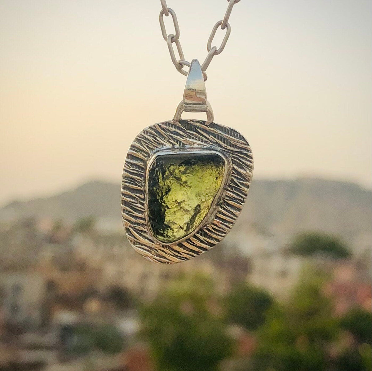 Genuine Moldavite Rough Pendant 100% Natural With Certified Gemstone From Czech Republic 925 Sterling Silver Handmade Designer Jewelry