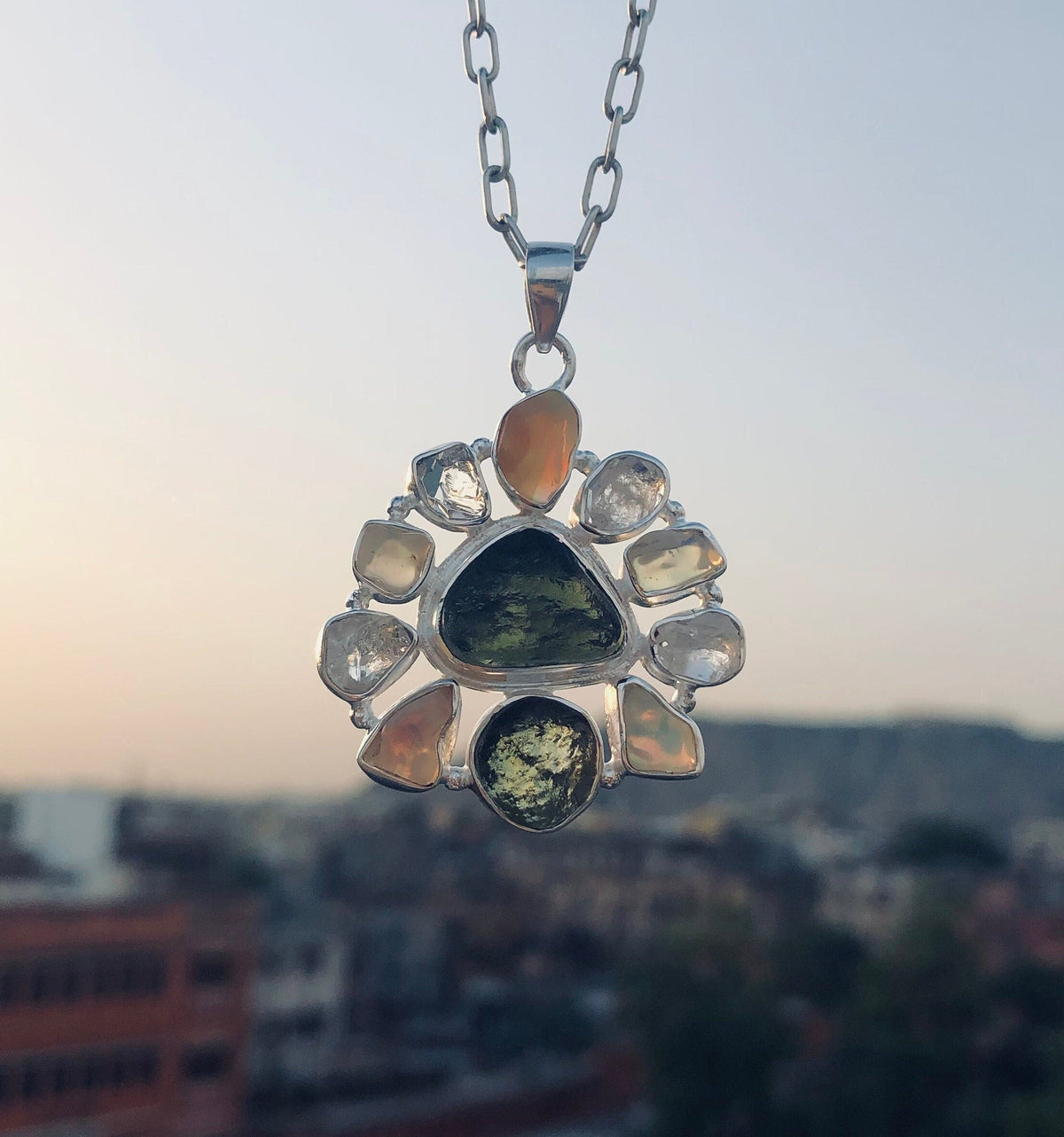 Moldavite Pendant, Czech Moldavite, Herkimer Diamond, Opal Pendant, Sterling Silver Pendant, Handmade Pendant, Natural Moldavite