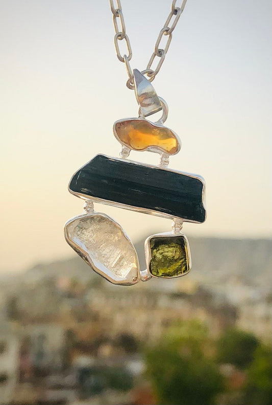 Natural Moldavite Pendant, Black Tourmaline, Czech Moldavite, Herkimer Diamond, Opal Pendant, Sterling Silver Pendant, Handmade Pendant