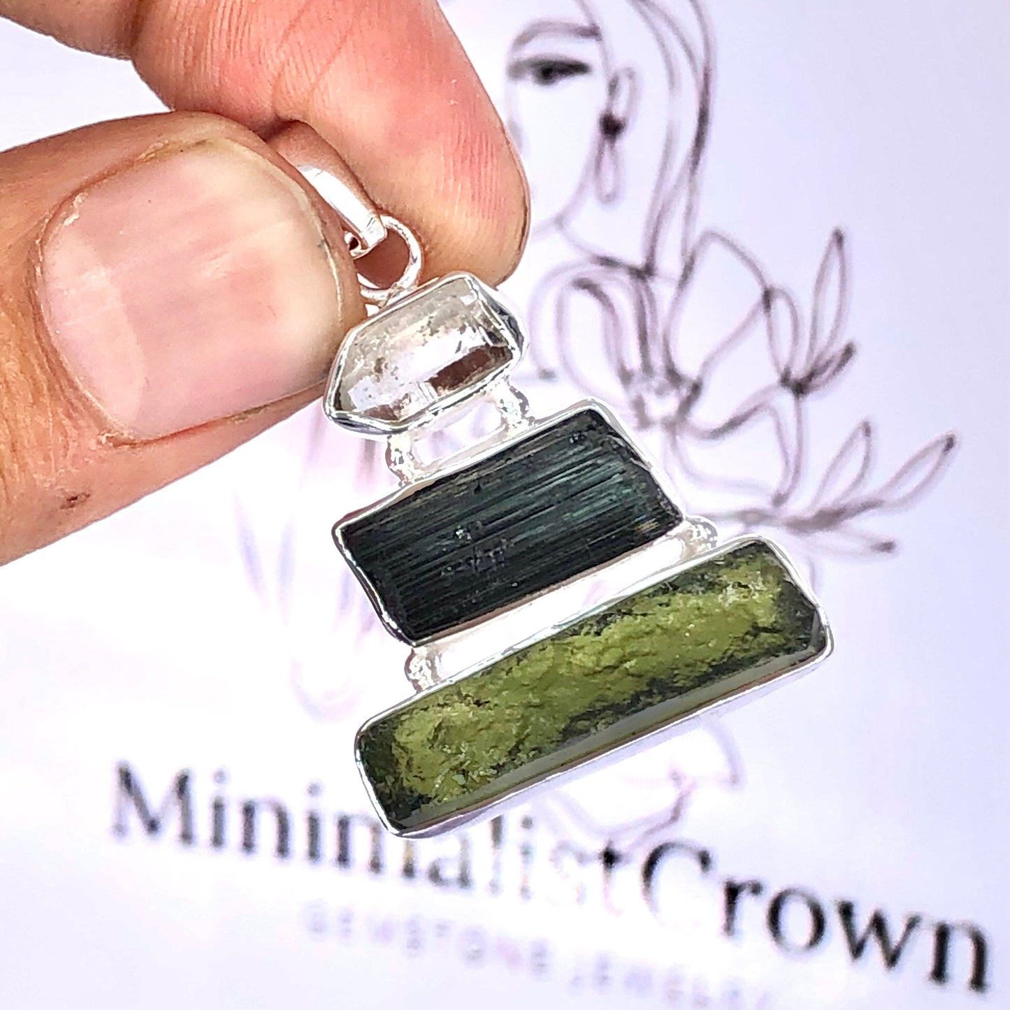 Moldavite Pendant, Black Tourmaline, Moldavite, Herkimer Diamond Pendant, Sterling Silver Pendant, Handmade Pendant, Natural Moldavite
