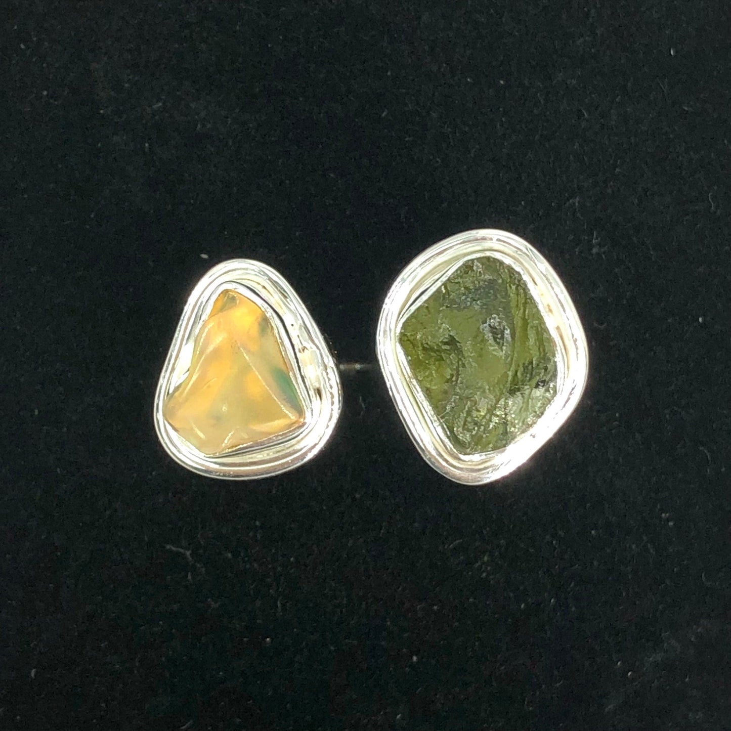 Czech Moldavite , Ethiopian opal Raw Natural Gemstone With Natural Garnet 925 Solid Sterling Silver Handmade Adjustable Ring