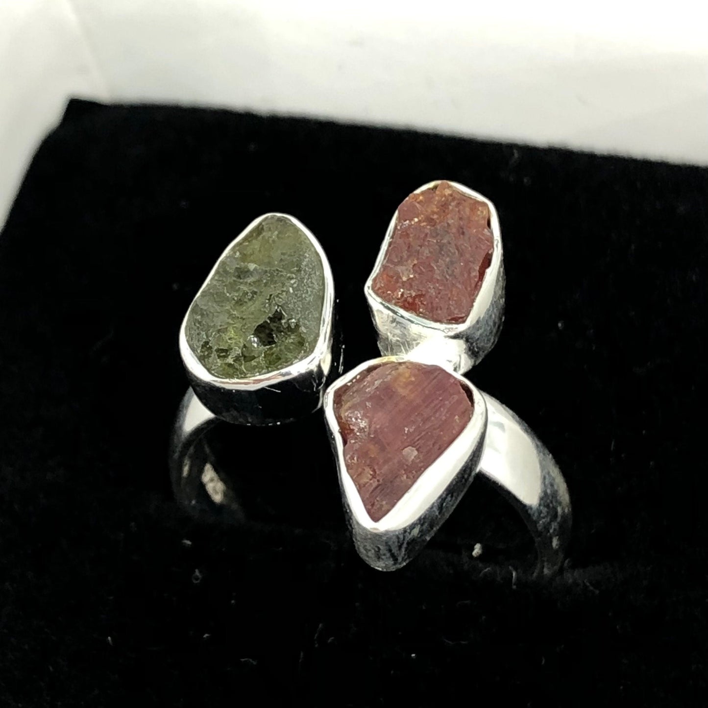 Authentic Czech Republic Moldavite Rough and Pink Tourmaline Gemstone 925 Solid Sterling Silver Handmade Ring Jewelry