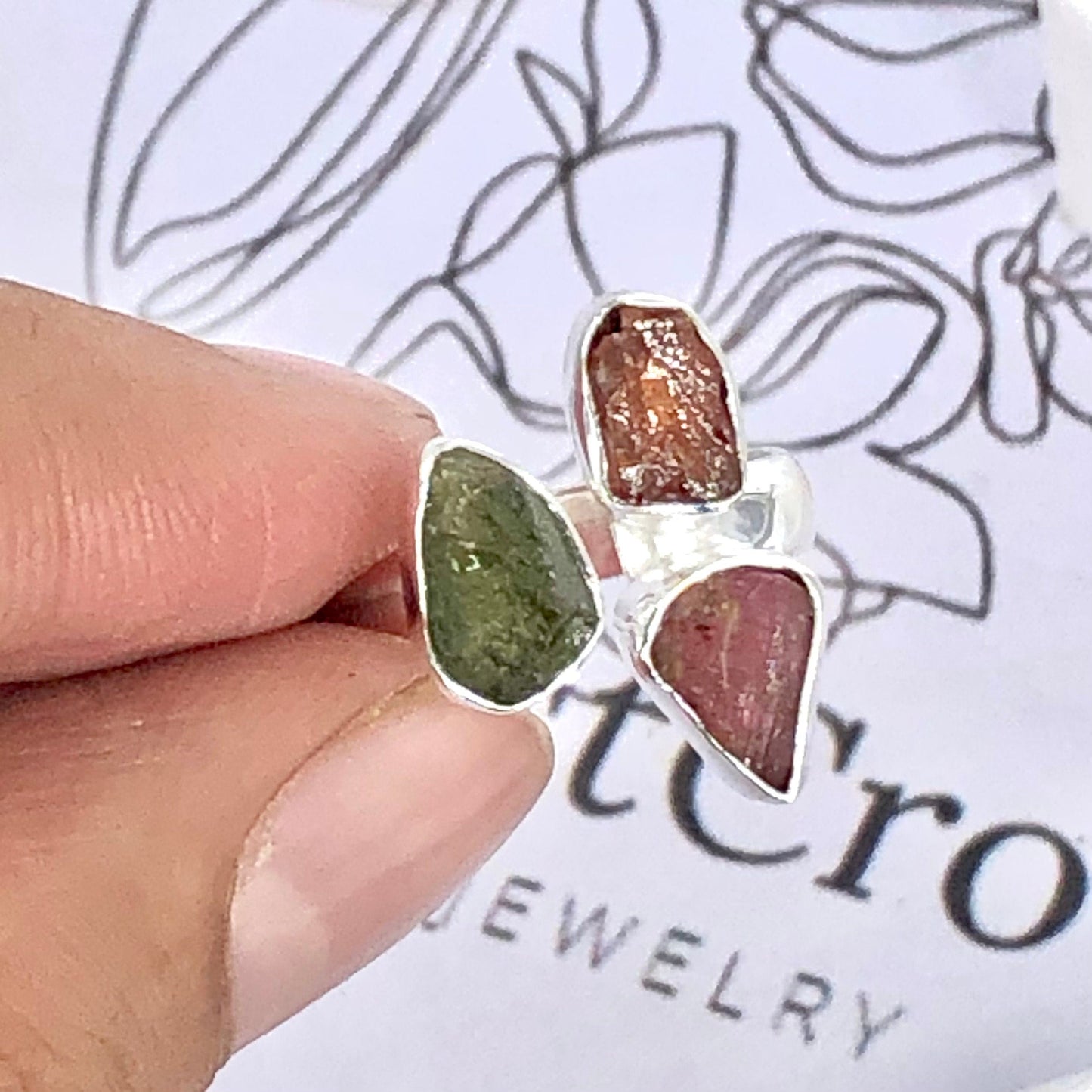 Authentic Czech Republic Moldavite Rough and Pink Tourmaline Gemstone 925 Solid Sterling Silver Handmade Ring Jewelry