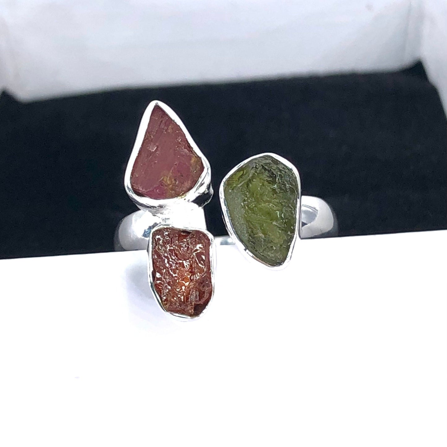 Authentic Czech Republic Moldavite Rough and Pink Tourmaline Gemstone 925 Solid Sterling Silver Handmade Ring Jewelry