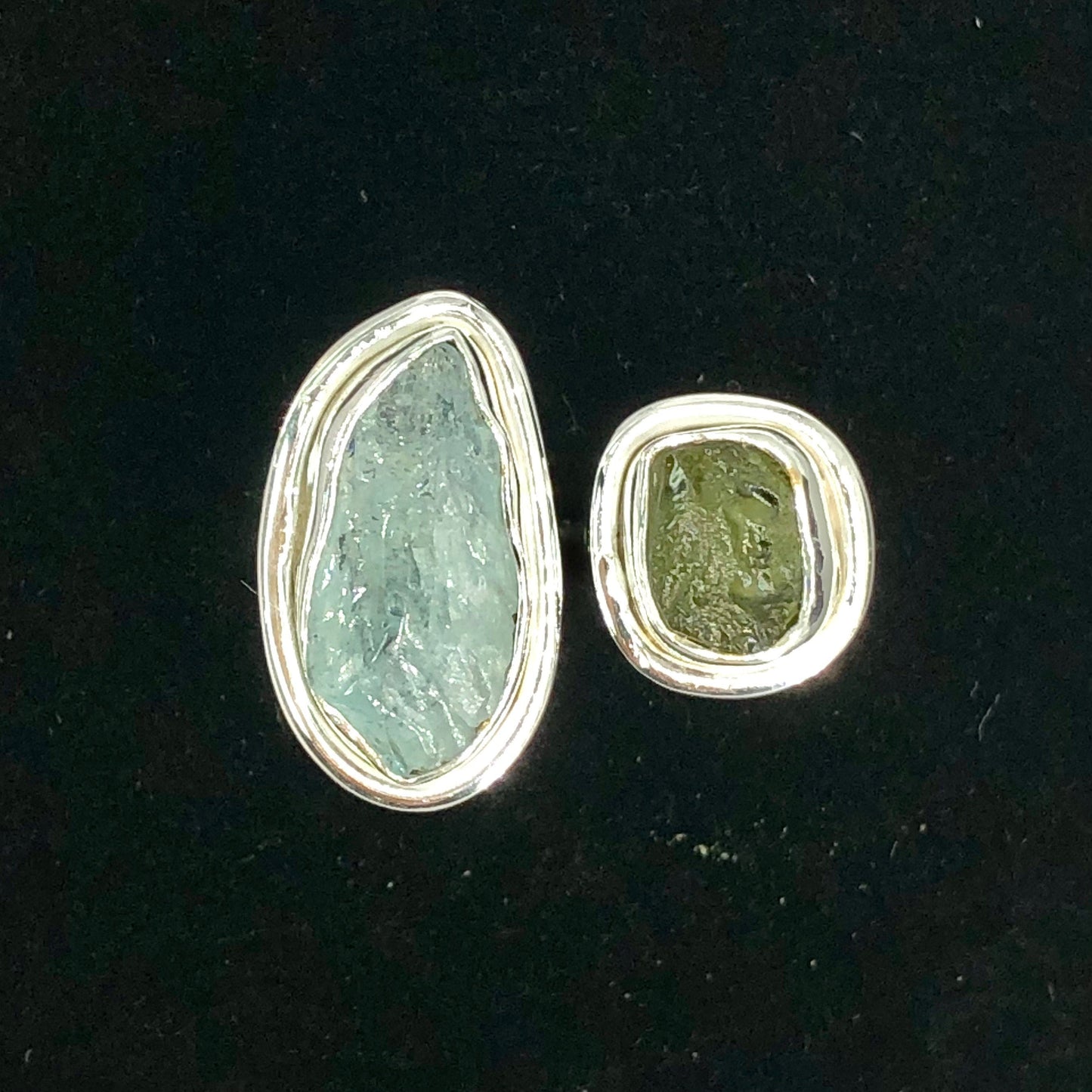 Authentic Czech Republic Moldavite Rough and Aquamarine Gemstone 925 Solid Sterling Silver Handmade Ring Jewelry