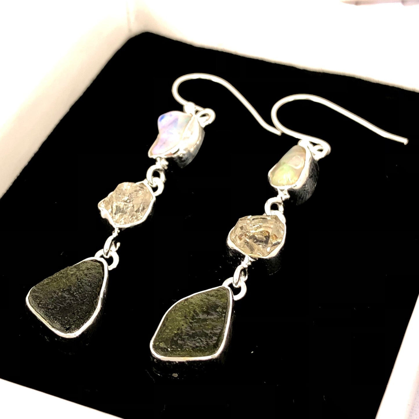 Natural Moldavite Rough & Herkimer Diamond, Opal  Earrings Gemstone From Czech Republic 925 Solid Sterling Silver Handmade Designer Jewelry