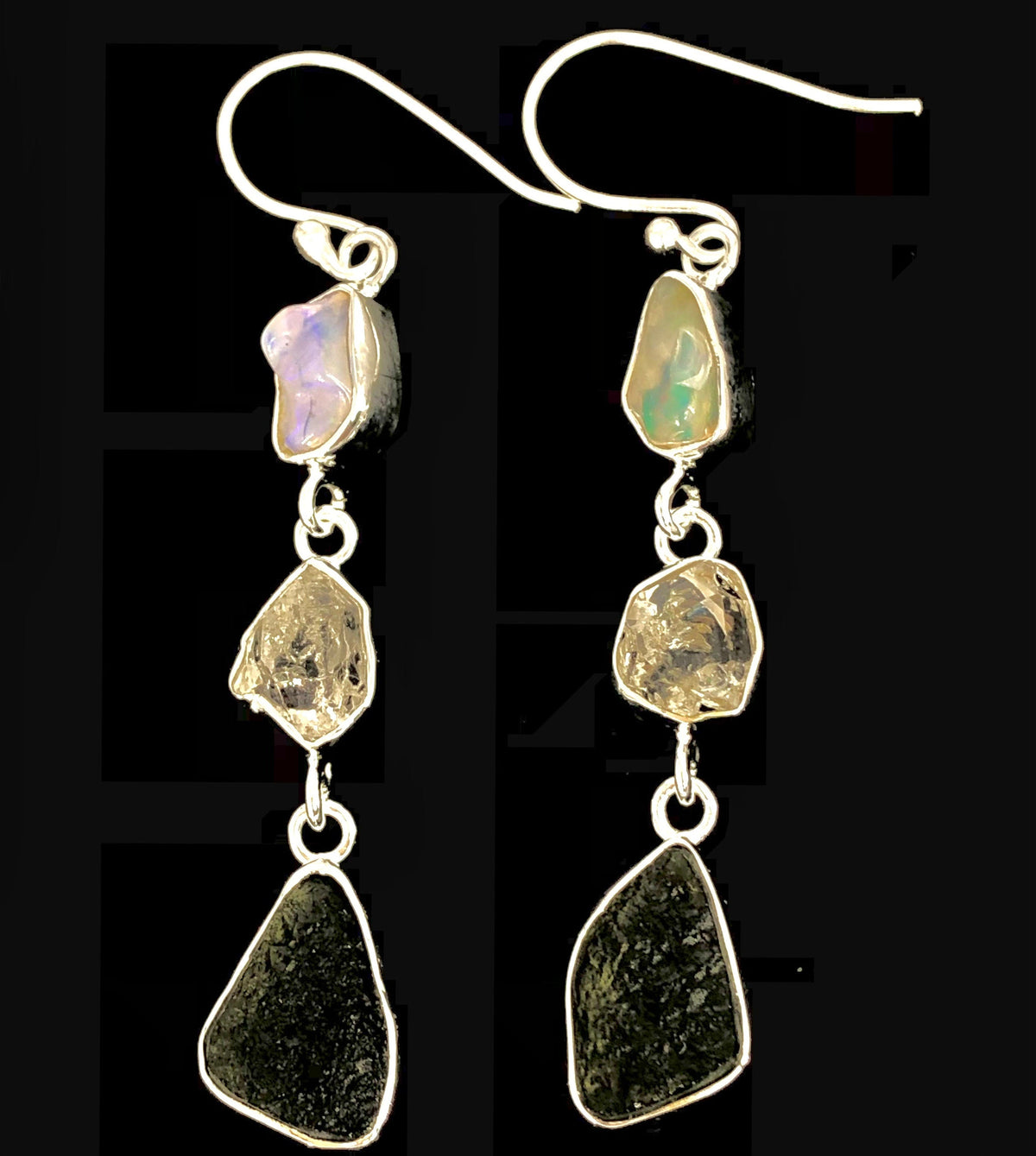 Natural Moldavite Rough & Herkimer Diamond, Opal  Earrings Gemstone From Czech Republic 925 Solid Sterling Silver Handmade Designer Jewelry