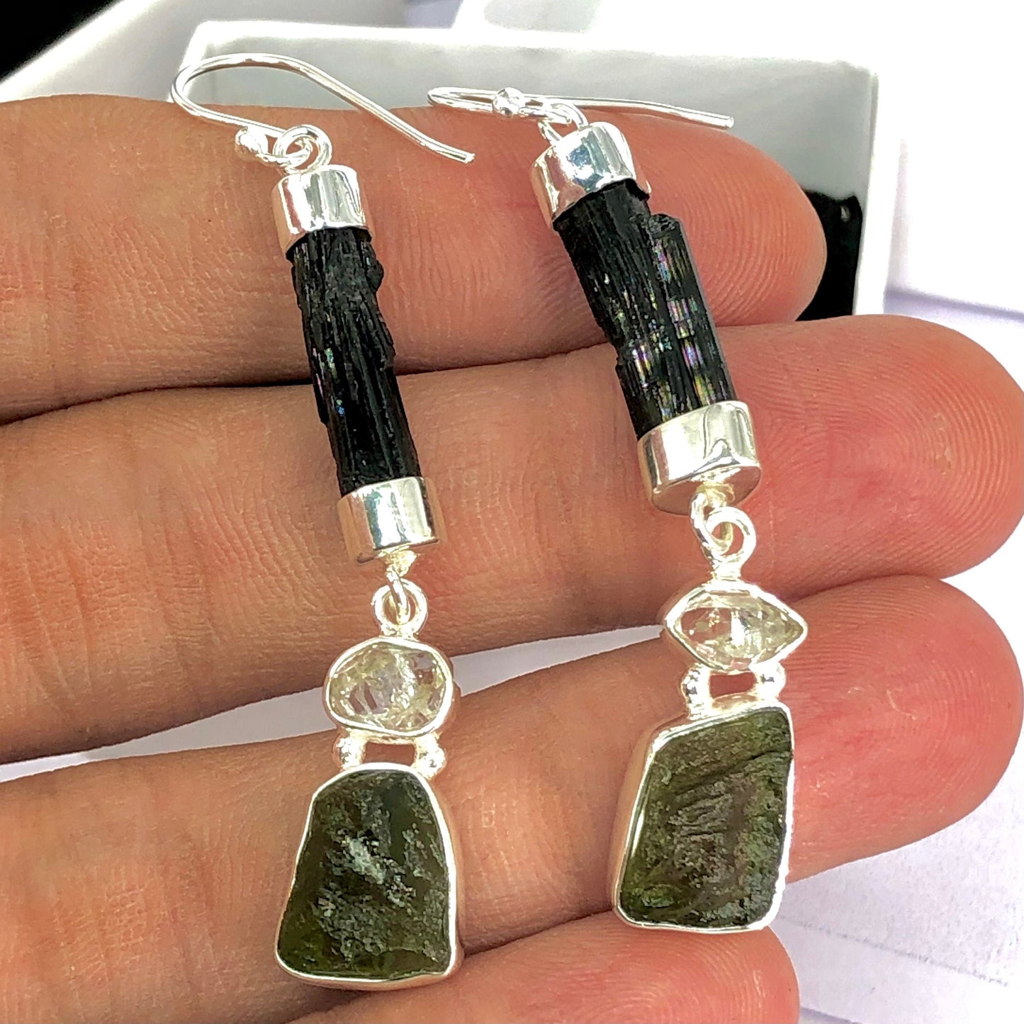 Natural Moldavite Rough & Herkimer Diamond Black Tourmaline Earrings Gemstone From Czech Republic 925 Solid Sterling Silver Handmade Jewelry