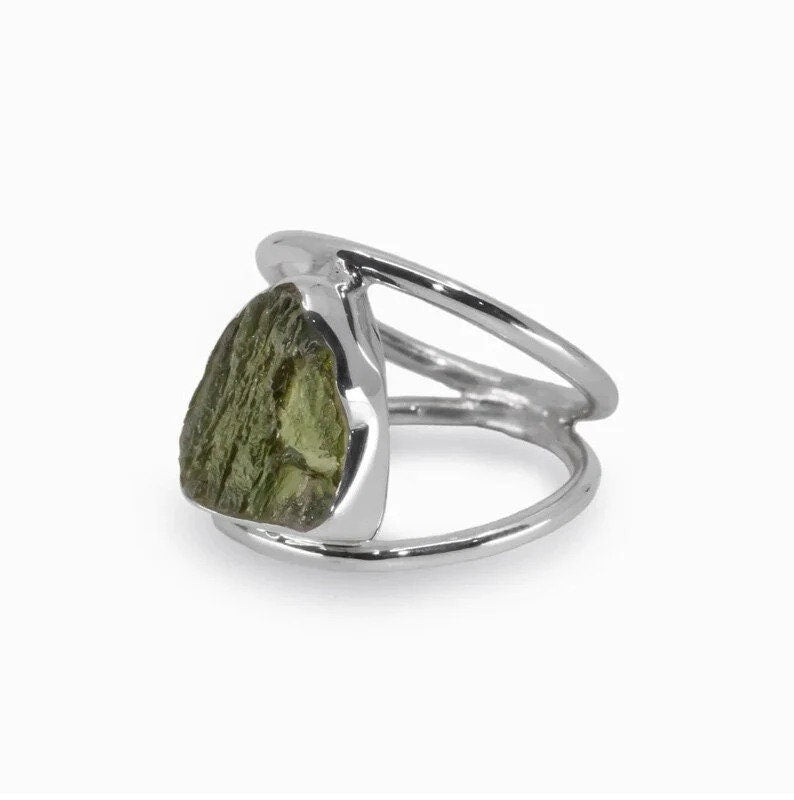 Authentic Czech Republic Moldavite Rough Gemstone 925 Solid Sterling Silver Handmade Ring Jewelry