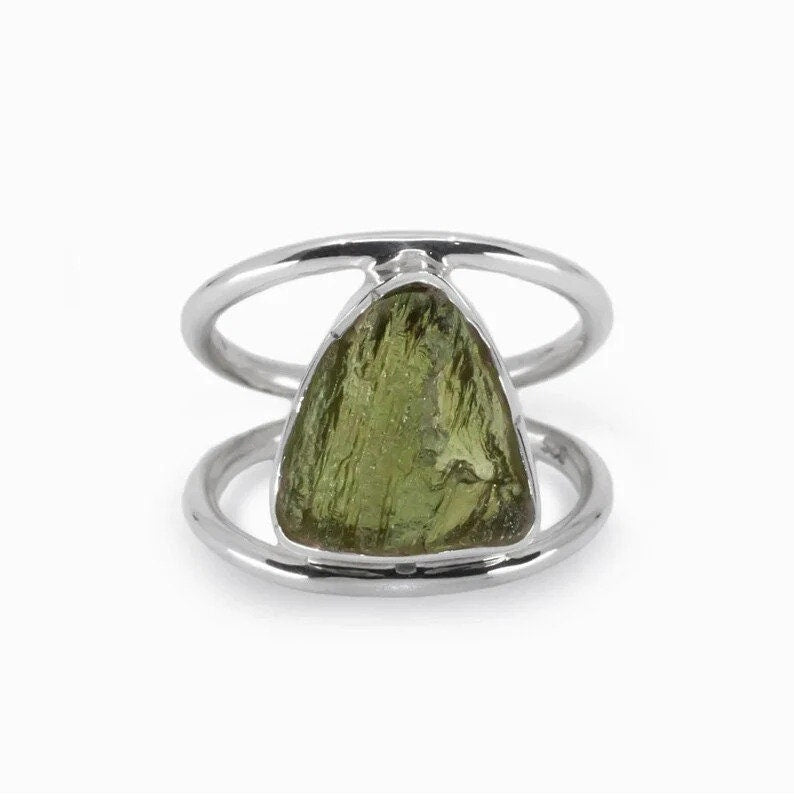 Authentic Czech Republic Moldavite Rough Gemstone 925 Solid Sterling Silver Handmade Ring Jewelry