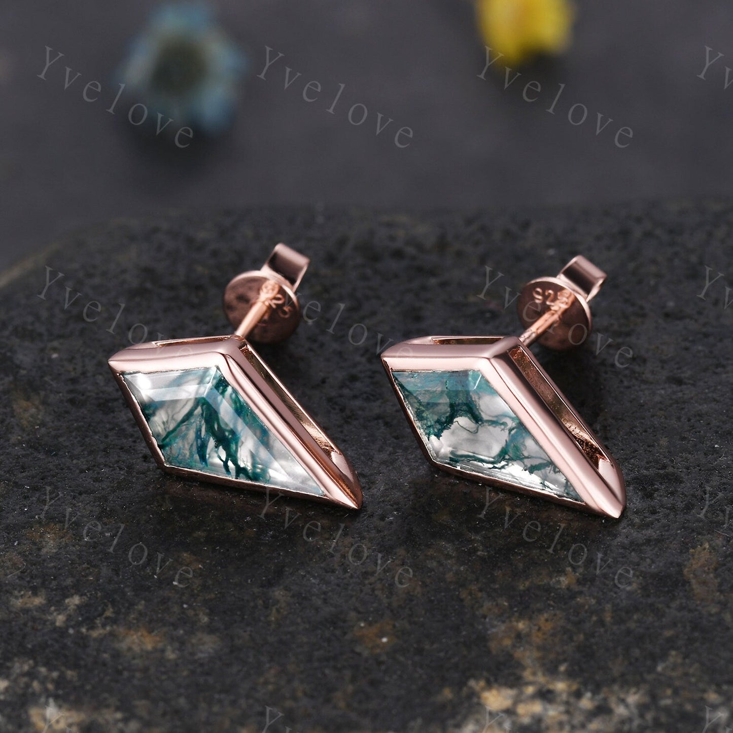 Dainty Kite cut Moss agate earrings natural gemstone jewelry unique earrings studs art deco earring anniversary gift for her Birthday Gift