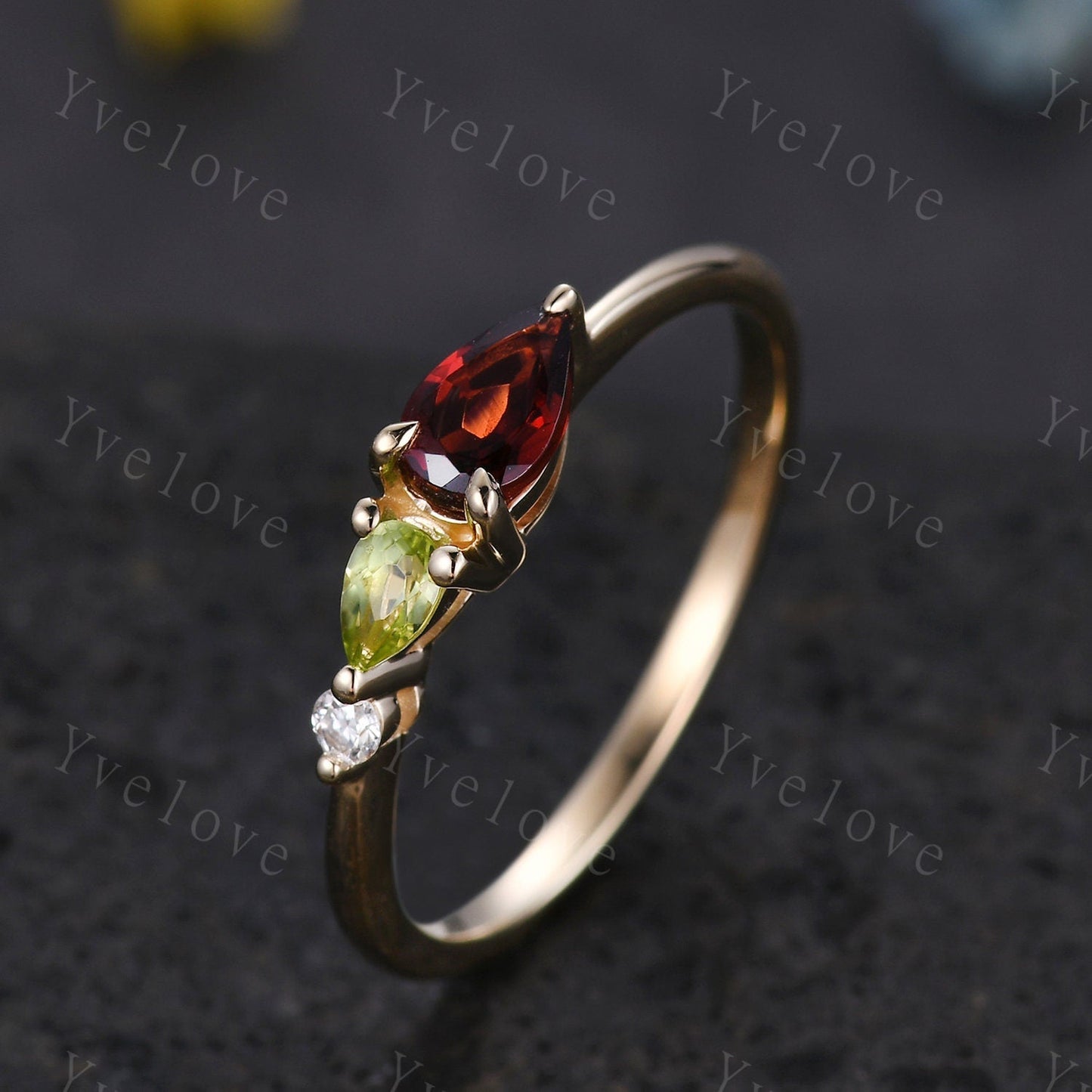 Vintage Red Garnet Peridot Engagement Ring,Pear Cut Gems,Art Deco Moissanite Wedding Band,3 Stone Unique Women Bridal Promise Ring,Custom