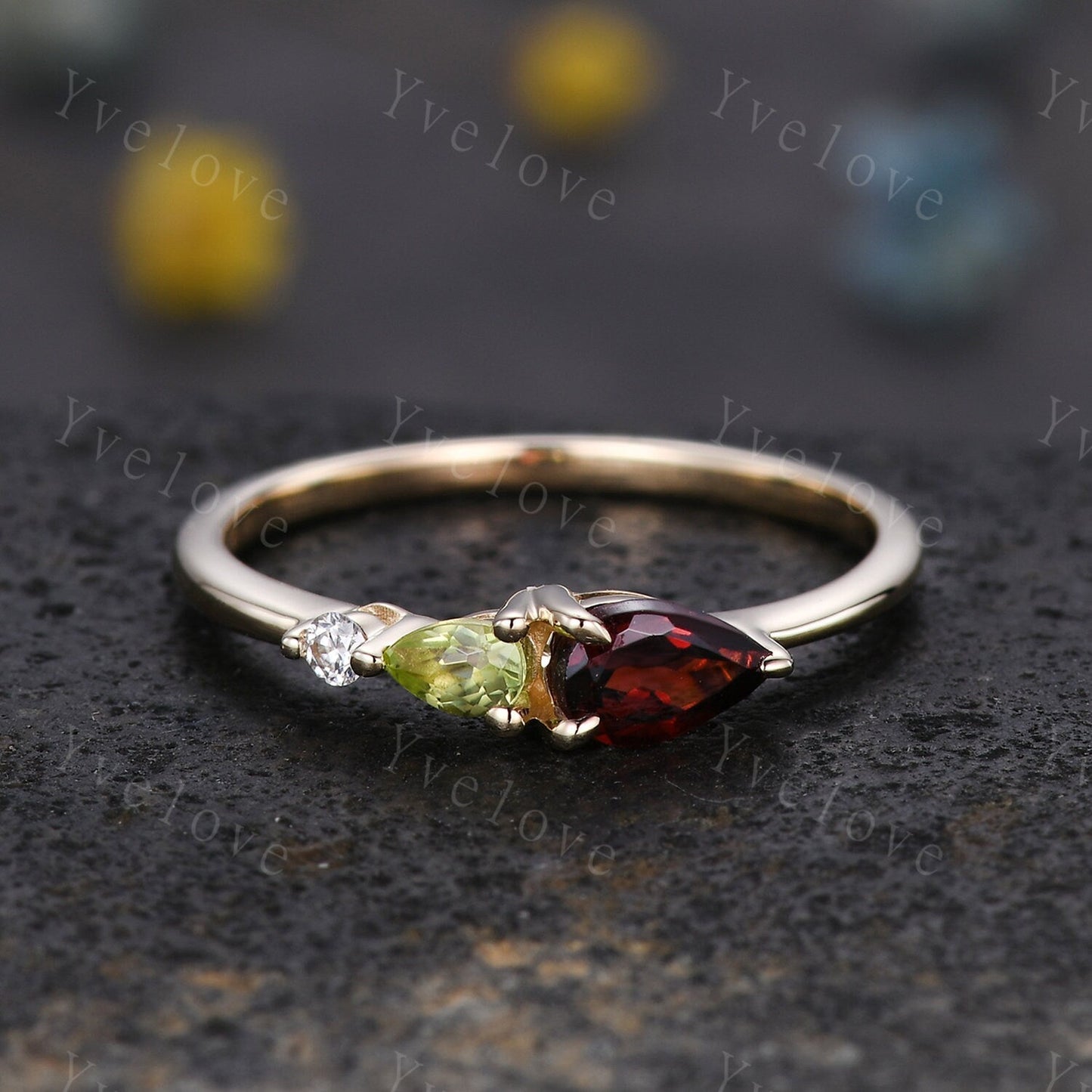 Vintage Red Garnet Peridot Engagement Ring,Pear Cut Gems,Art Deco Moissanite Wedding Band,3 Stone Unique Women Bridal Promise Ring,Custom