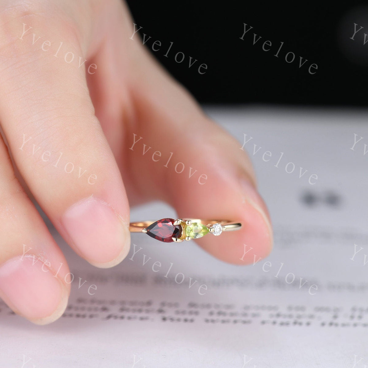 Vintage Red Garnet Peridot Engagement Ring,Pear Cut Gems,Art Deco Moissanite Wedding Band,3 Stone Unique Women Bridal Promise Ring,Custom