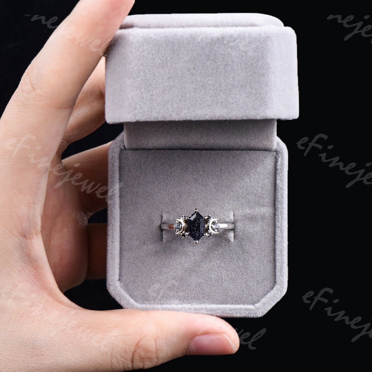 Hexagon Blue Sandstone Ring, Crescent Moon Goldstone, Black Spinel