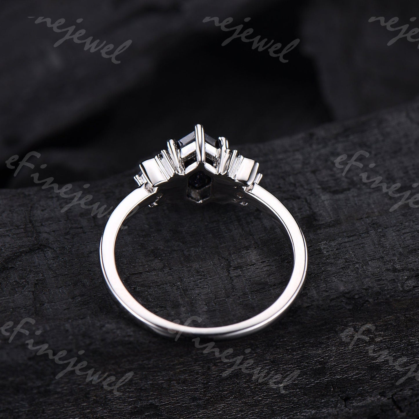 Hexagon Blue Sandstone Ring, Crescent Moon Goldstone, Black Spinel