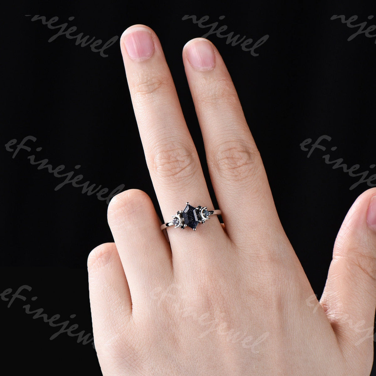 Hexagon Blue Sandstone Ring, Crescent Moon Goldstone, Black Spinel