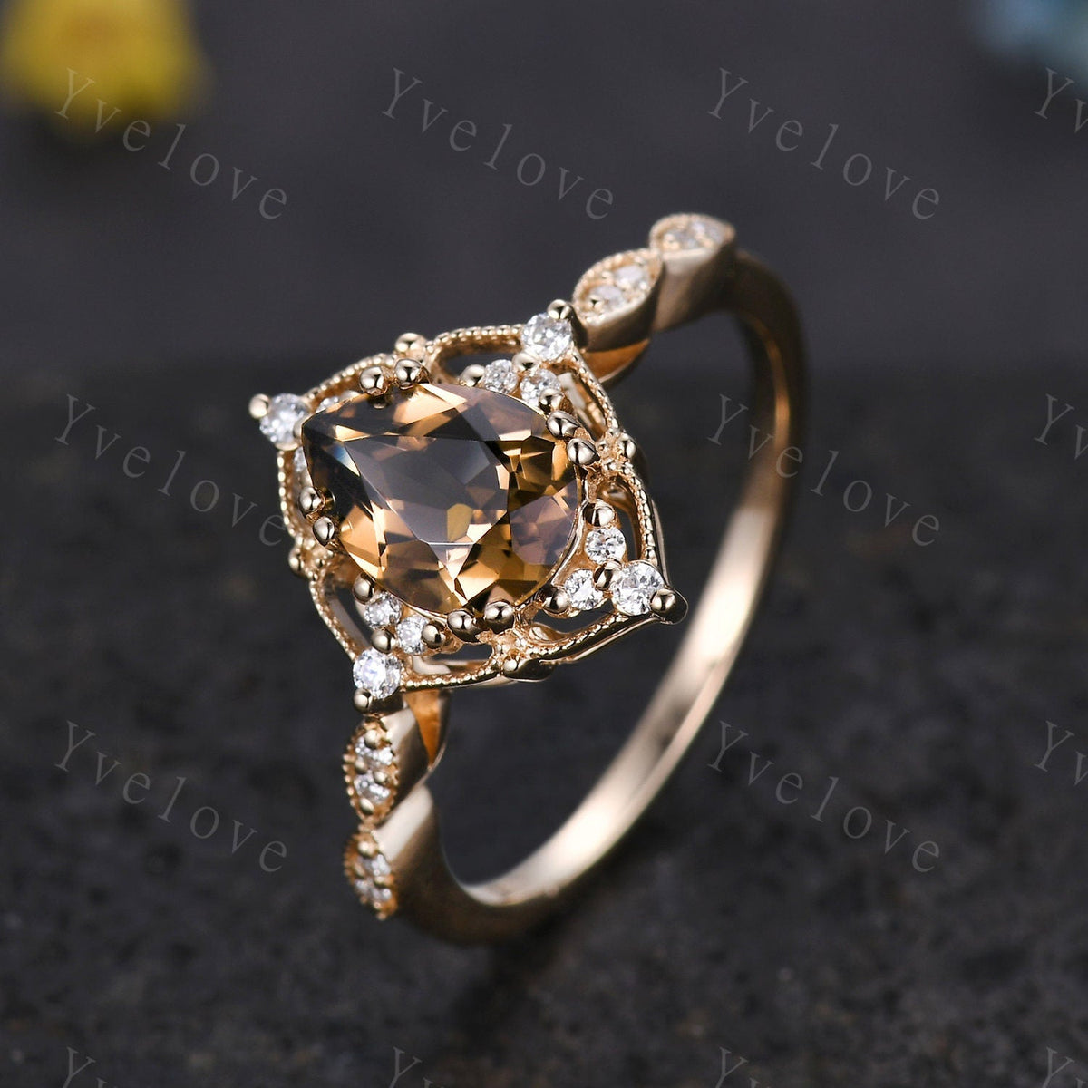 Vintage Smoky Quartz Engagement Ring,Pear Shape Brown Quartz Ring,14K Solid Gold Ring,Unique Women Moissanite Promise Ring For Her,Handmade