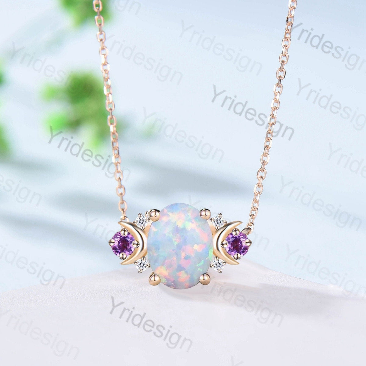 Vintage Moon Opal Amethyst Pendant Necklace Unique Nature Inspired Fire Opal Pendant Alternative Cute Amethyst Moissanite Necklace For Women