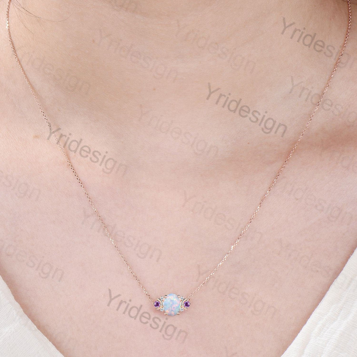 Vintage Moon Opal Amethyst Pendant Necklace Unique Nature Inspired Fire Opal Pendant Alternative Cute Amethyst Moissanite Necklace For Women