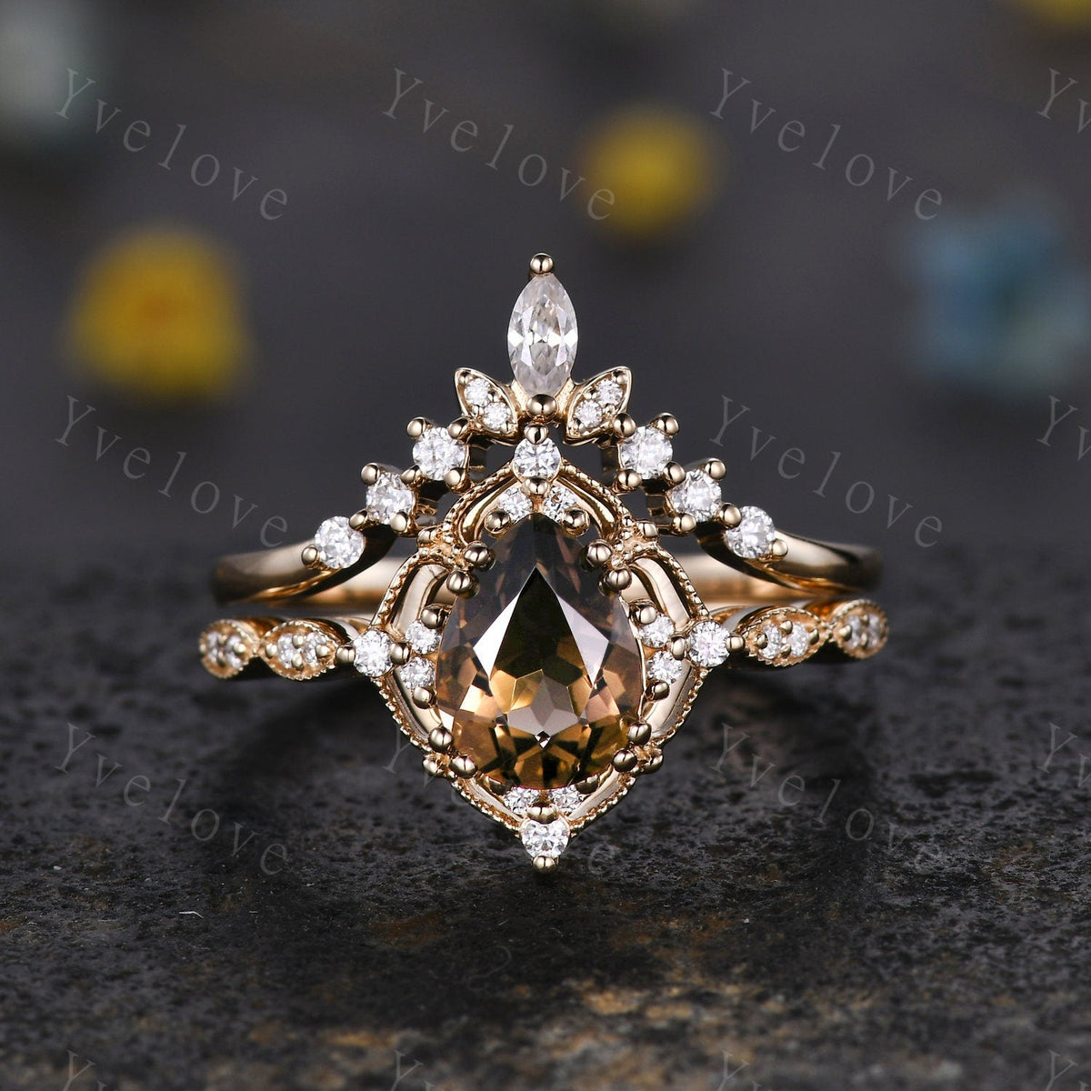 Vintage Smoky Quartz Engagement Ring,Pear Shape Brown Quartz Ring,14K Solid Gold Ring,Unique Women Moissanite Promise Ring For Her,Handmade