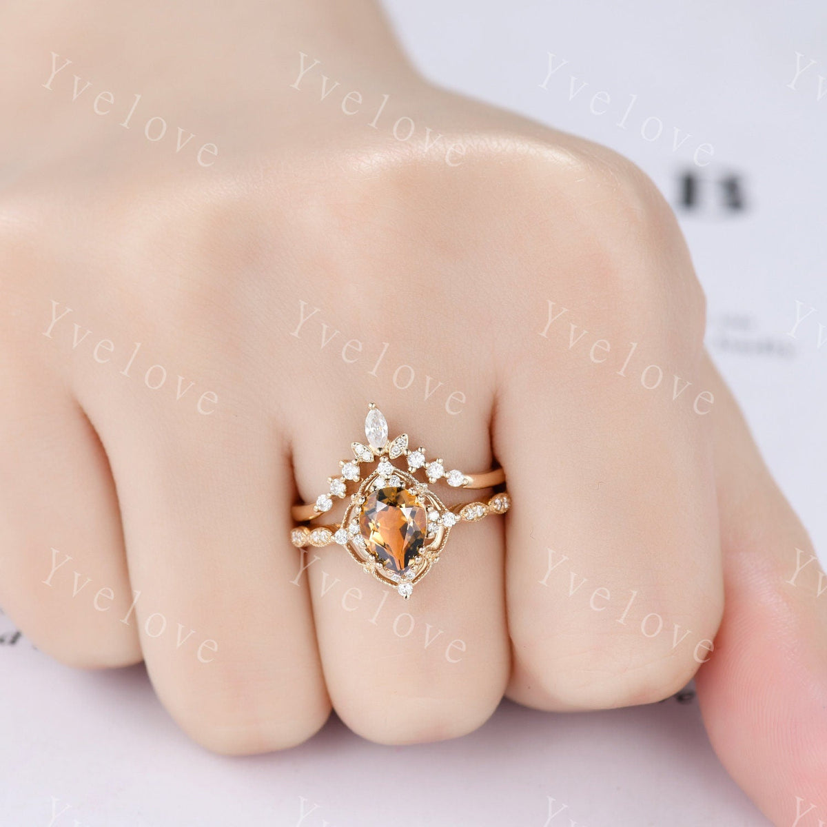 Vintage Smoky Quartz Engagement Ring,Pear Shape Brown Quartz Ring,14K Solid Gold Ring,Unique Women Moissanite Promise Ring For Her,Handmade