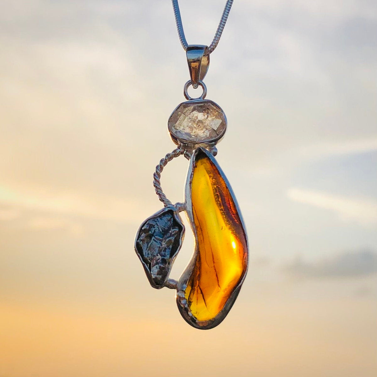 Raw Amber, Herkimer Diamond and Meteorite Pendant, Genuine Amber Necklace, Genstone Pendant 925 Sterling Silver Handmade Designer Jewelry