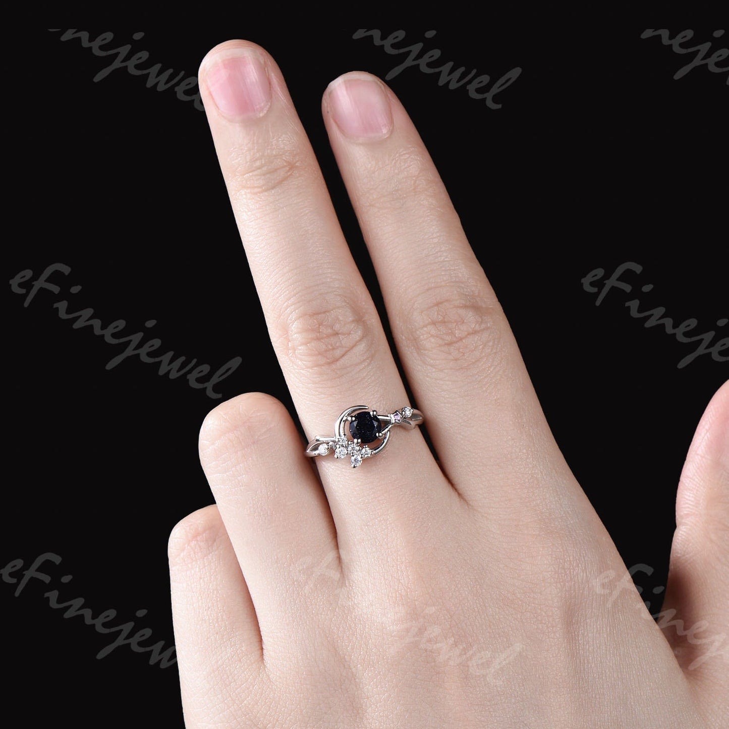 Blue Sandstone Engagement Ring, Moon Star Amethyst Wedding Ring