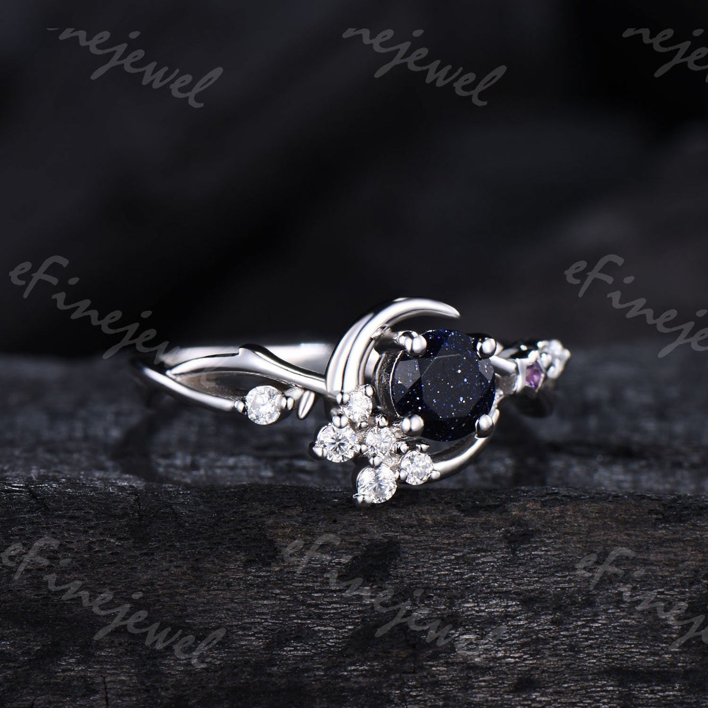 Blue Sandstone Engagement Ring, Moon Star Amethyst Wedding Ring
