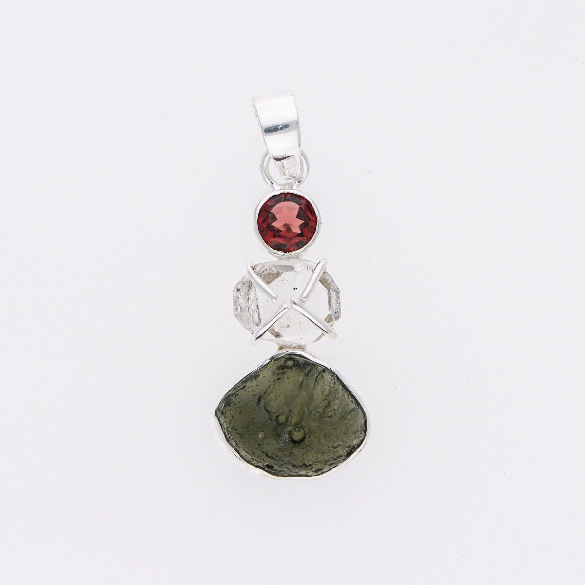 Czech Moldavite, Herkimer Diamond & Garnet Natural Gemstone 925 Solid Sterling Silver Handmade Jewelry Pendant