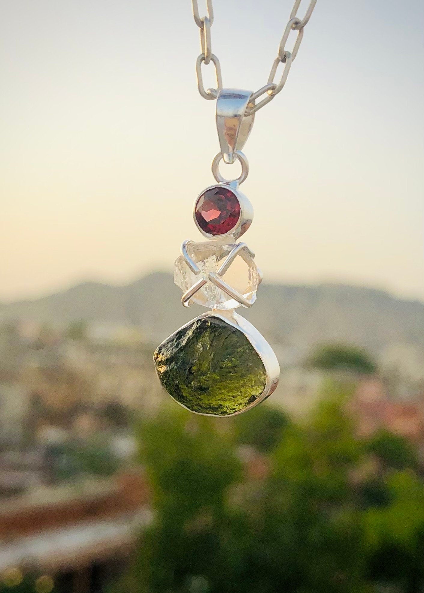 Czech Moldavite, Herkimer Diamond & Garnet Natural Gemstone 925 Solid Sterling Silver Handmade Jewelry Pendant