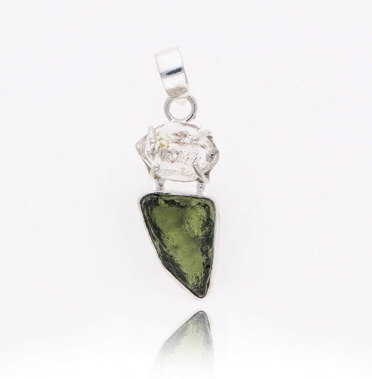 Moldavite herkimer pendant, genuine gemstone pendant, sterling silver handmade pendant, 100% genuine with certified gemstone
