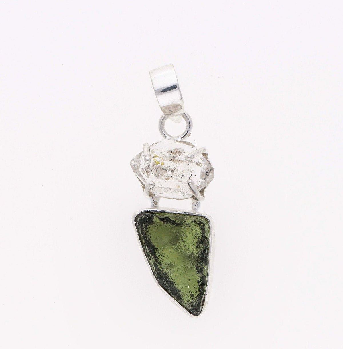 Moldavite herkimer pendant, genuine gemstone pendant, sterling silver handmade pendant, 100% genuine with certified gemstone