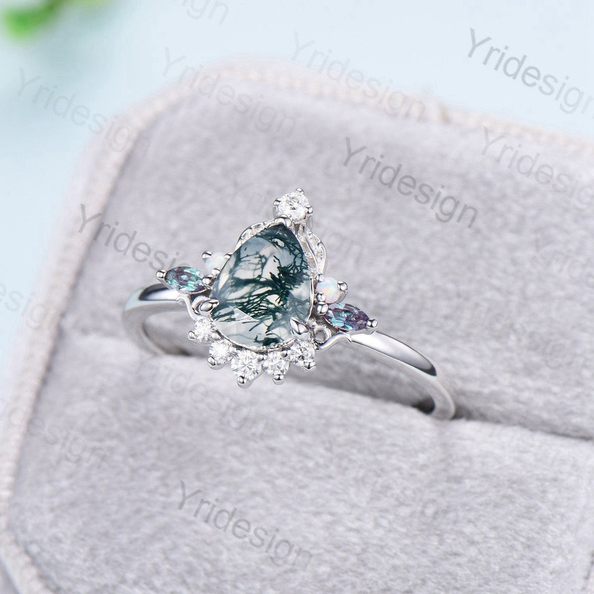 Unique Pear Shaped Moss Agate Ring Vintage  Alternative Alexandrite Opal Wedding Ring For Women Nature Inspired Cluster Leaves Promise Ring