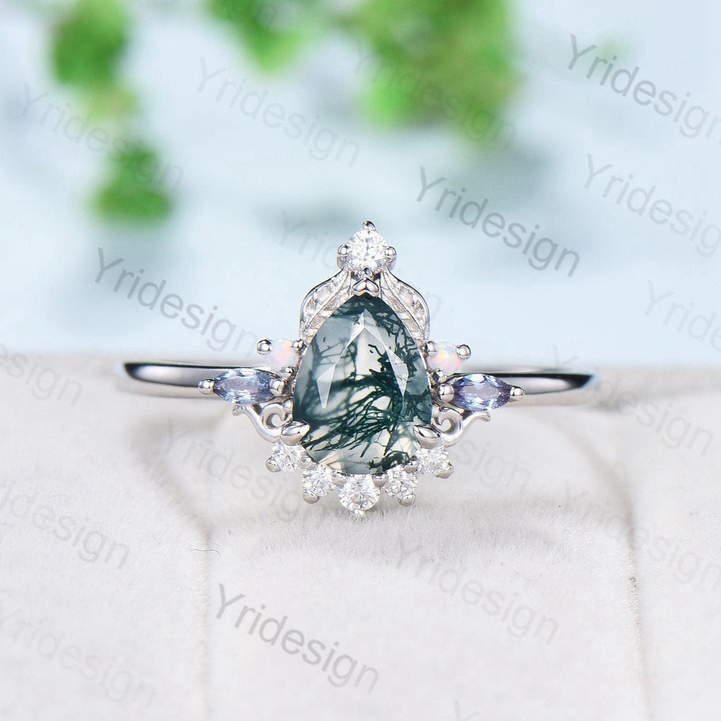 Unique Pear Shaped Moss Agate Ring Vintage  Alternative Alexandrite Opal Wedding Ring For Women Nature Inspired Cluster Leaves Promise Ring